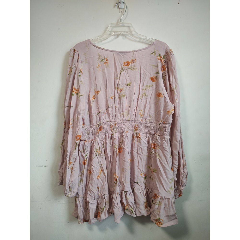 American Eagle Pink Floral Babydoll Top XL Long Sleeve V-Neck Smocked Blouse - Picture 2 of 10
